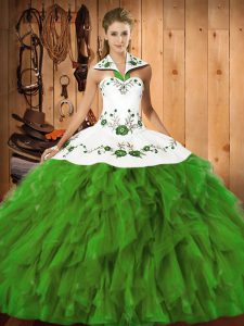 Glorious Olive Green Sleeveless Embroidery and Ruffles Floor Length Sweet 16 Quinceanera Dress