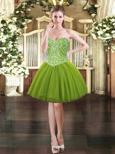 Superior Sweetheart Sleeveless Prom Dress Mini Length Beading Olive Green Tulle