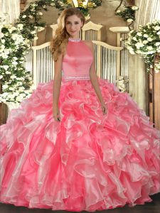 Halter Top Sleeveless Backless 15 Quinceanera Dress Hot Pink Organza