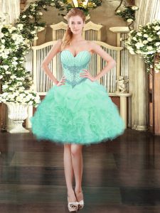 Sleeveless Organza Mini Length Lace Up Prom Dress in Apple Green with Beading and Ruffles