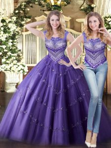 Purple Tulle Lace Up Scoop Sleeveless Floor Length Quinceanera Dress Beading