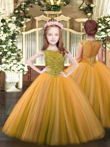 Orange Tulle Zipper Scoop Sleeveless Floor Length Little Girl Pageant Gowns Beading