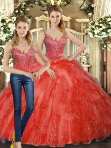 Best Organza Straps Sleeveless Lace Up Beading and Ruffles Quinceanera Gowns in Red