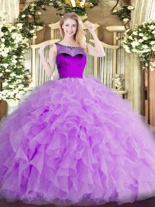 Beautiful Lavender Sleeveless Beading and Ruffles and Hand Made Flower Floor Length Quinceanera Gowns