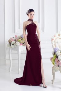 Lace Up Prom Gown Burgundy for Prom and Party with Beading Sweep Train