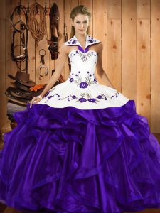 Popular Purple Sleeveless Floor Length Embroidery and Ruffled Layers Lace Up Vestidos de Quinceanera