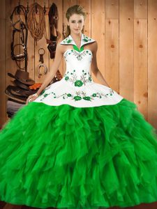 Floor Length Lace Up Quinceanera Gown Green for Military Ball and Sweet 16 and Quinceanera with Embroidery and Ruffles