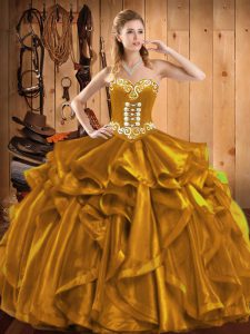 Low Price Gold Lace Up Sweetheart Embroidery and Ruffles Sweet 16 Dress Organza Sleeveless