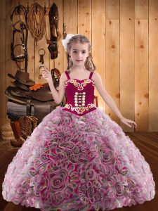Latest Multi-color Ball Gowns Straps Sleeveless Fabric With Rolling Flowers Floor Length Lace Up Embroidery and Ruffles Girls Pageant Dresses