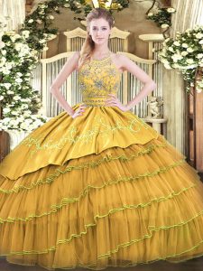 Beading and Embroidery and Ruffled Layers 15 Quinceanera Dress Gold Zipper Sleeveless Floor Length