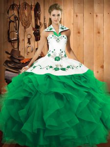 Modest Sleeveless Embroidery and Ruffles Lace Up Ball Gown Prom Dress