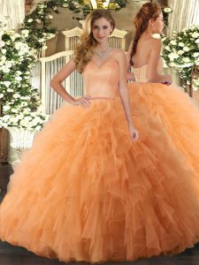 Orange Tulle Lace Up Sweetheart Sleeveless Floor Length Quinceanera Dresses Ruffles