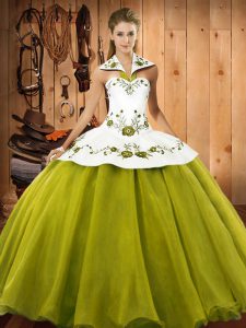 Floor Length Olive Green Sweet 16 Quinceanera Dress Satin and Tulle Sleeveless Embroidery