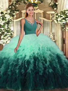 Multi-color Ball Gowns Organza V-neck Sleeveless Ruffles Floor Length Backless Quinceanera Gown