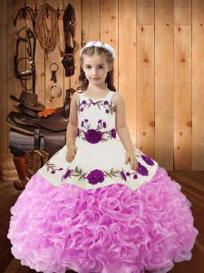 Superior Sleeveless Fabric With Rolling Flowers Floor Length Lace Up Kids Formal Wear in Lilac with Embroidery and Ruffles