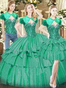 Pretty Sleeveless Floor Length Beading and Ruffled Layers Lace Up Sweet 16 Dress with Turquoise
