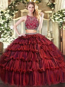 Free and Easy Sleeveless Floor Length Beading and Ruffled Layers Zipper Quinceanera Dresses with Burgundy