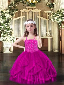 Fancy Sleeveless Tulle Floor Length Lace Up Pageant Dress for Teens in Fuchsia with Beading and Ruffles