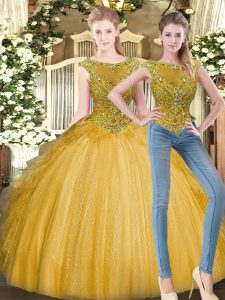 Sleeveless Tulle Floor Length Zipper Quinceanera Gowns in Gold with Beading and Ruffles
