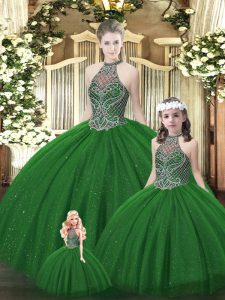 Dynamic Sleeveless Tulle Floor Length Lace Up Vestidos de Quinceanera in Dark Green with Beading