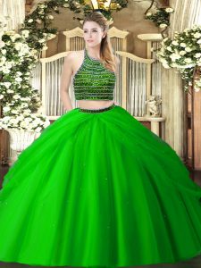 Green Two Pieces Tulle Halter Top Sleeveless Beading and Ruching Floor Length Zipper Quinceanera Dress