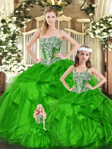 Organza Strapless Sleeveless Lace Up Beading and Ruffles Quinceanera Gown in Green
