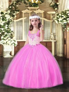 Cheap Sleeveless Tulle Floor Length Lace Up Winning Pageant Gowns in Rose Pink with Beading
