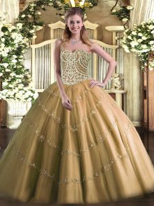 Brown Ball Gowns Sweetheart Sleeveless Tulle Floor Length Lace Up Beading 15th Birthday Dress