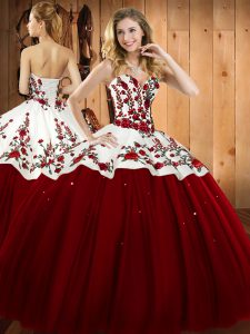 Wonderful Sleeveless Floor Length Embroidery Lace Up Quinceanera Gown with Wine Red