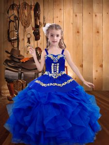 Great Royal Blue Lace Up Little Girl Pageant Gowns Embroidery and Ruffles Sleeveless Floor Length
