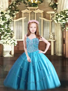 Baby Blue Tulle Lace Up Little Girls Pageant Gowns Sleeveless Floor Length Beading