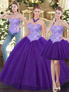 Purple Sweet 16 Dress Military Ball and Sweet 16 and Quinceanera with Beading Sweetheart Sleeveless Lace Up