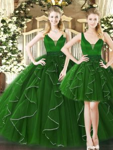 Dark Green Sleeveless Floor Length Ruffles Lace Up Ball Gown Prom Dress