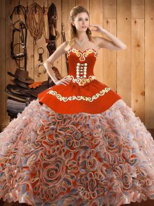 Perfect Multi-color Quinceanera Dress Military Ball and Sweet 16 and Quinceanera with Embroidery Sweetheart Sleeveless Sweep Train Lace Up