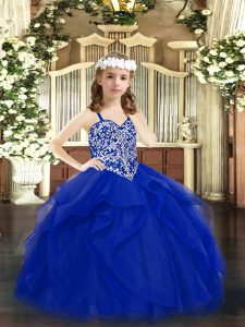Customized Royal Blue Ball Gowns Beading and Ruffles Little Girls Pageant Dress Wholesale Lace Up Tulle Sleeveless Floor Length