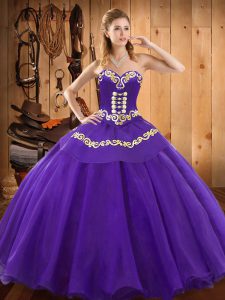 Purple Satin and Tulle Lace Up Sweetheart Sleeveless Floor Length Ball Gown Prom Dress Embroidery