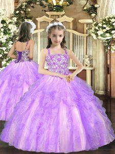 Floor Length Lavender Pageant Dresses Tulle Sleeveless Beading and Ruffles