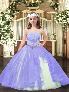 Lavender Tulle Lace Up Straps Sleeveless Floor Length Pageant Dress Toddler Beading