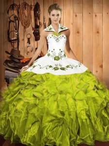 Olive Green Halter Top Lace Up Embroidery and Ruffles Vestidos de Quinceanera Sleeveless
