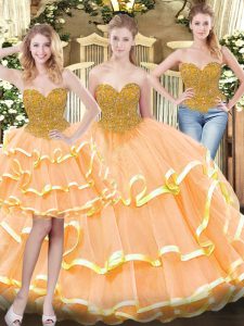 Hot Selling Floor Length Lace Up Vestidos de Quinceanera Peach for Military Ball and Sweet 16 and Quinceanera with Beading and Ruffled Layers
