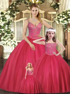 Hot Pink Sleeveless Beading Floor Length Quinceanera Gowns