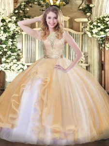 Sophisticated Sleeveless Floor Length Lace and Ruffles Backless Quinceanera Gown with Champagne