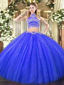 New Arrival Blue Two Pieces Beading Quinceanera Dress Backless Tulle Sleeveless Floor Length