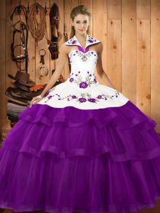 Purple Ball Gowns Embroidery and Ruffled Layers Ball Gown Prom Dress Lace Up Organza Sleeveless