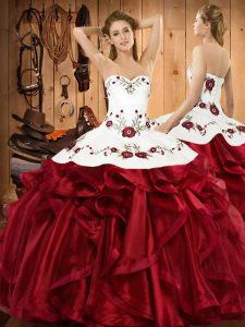 On Sale Sleeveless Organza Floor Length Lace Up Quinceanera Dresses in Wine Red with Embroidery and Ruffles