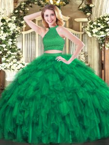 Smart Floor Length Green 15 Quinceanera Dress Organza Sleeveless Beading and Ruffles