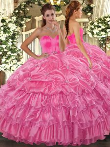 Rose Pink Ball Gowns Organza Sweetheart Sleeveless Beading and Ruffled Layers Floor Length Lace Up Sweet 16 Quinceanera Dress