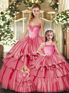 Watermelon Red Lace Up Vestidos de Quinceanera Ruffled Layers Sleeveless Floor Length