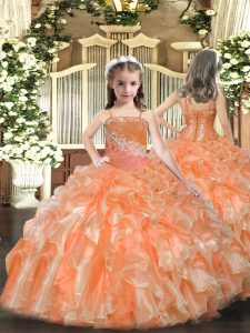 Orange Organza Lace Up Kids Formal Wear Sleeveless Floor Length Beading and Sequins