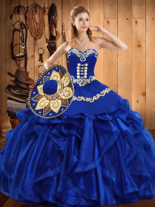 Royal Blue Sweetheart Neckline Embroidery and Ruffles Sweet 16 Dress Sleeveless Lace Up